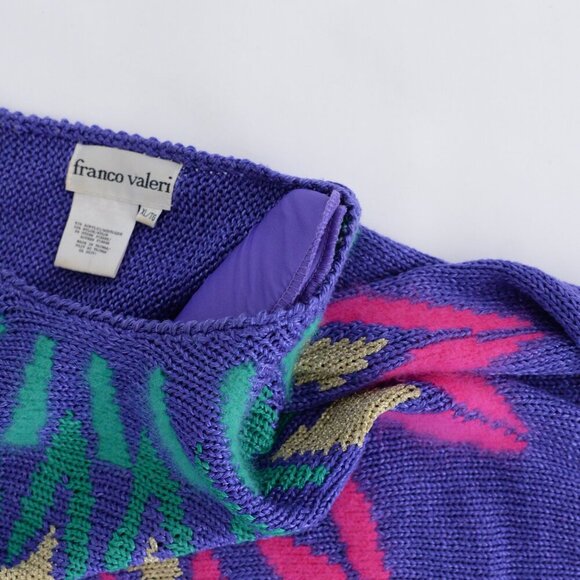 Vintage Franco Valeri Purple Knit Floral Abstract Shoulder Pad Scoop Sweater Xl - Picture 13 of 13